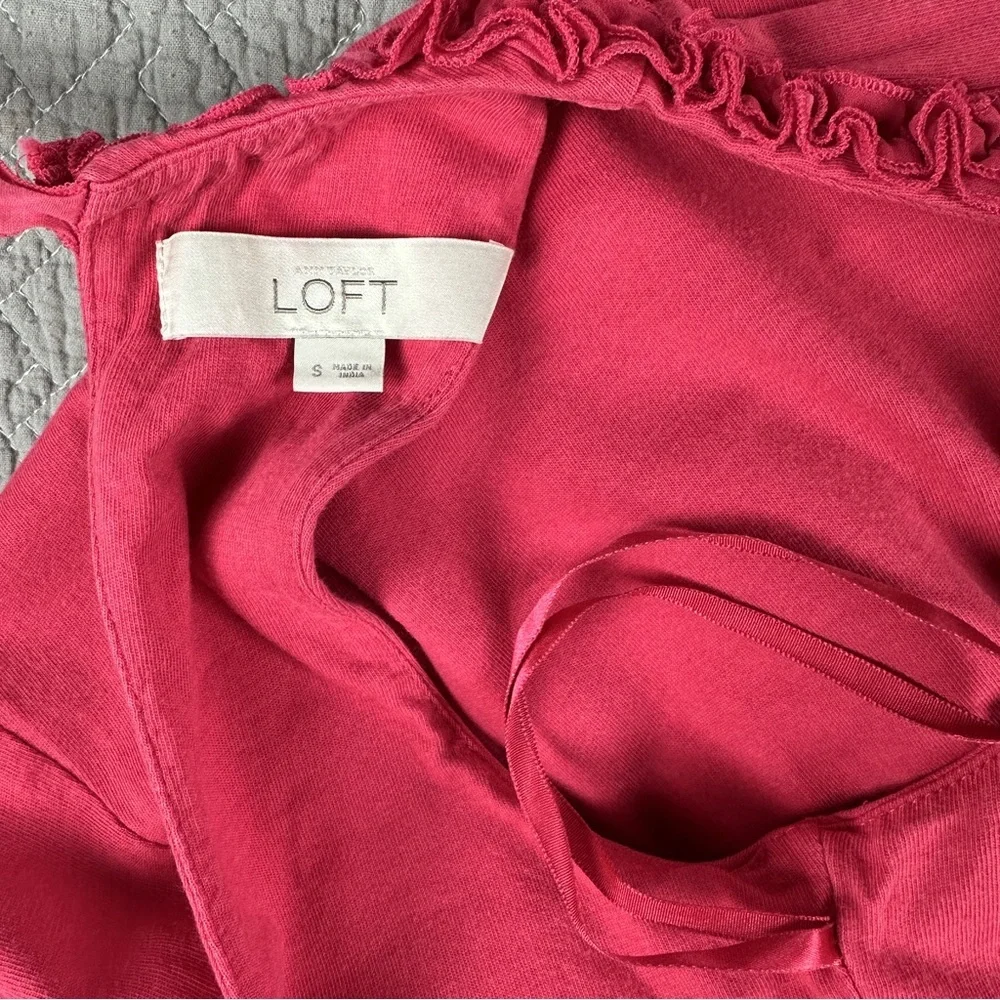 LOFT Pink Cotton Dress with Empire Waist and Scoop Floral Ruffle Neckline - Picture 9 of 10